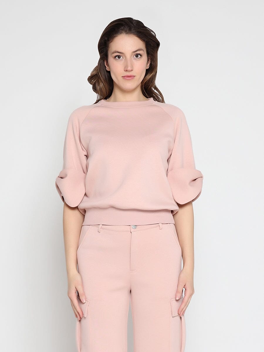 Gracia Fashion Women's Bow detail sleeve round neck solid top
