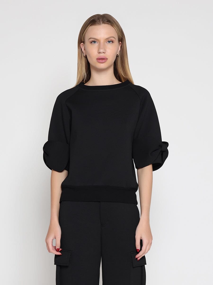 Gracia Fashion Women's Bow detail sleeve round neck solid top